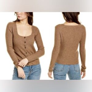 Vince Wool Cashmere Square Neck Ribbed Cardigan Fawn‎ Brown Size L